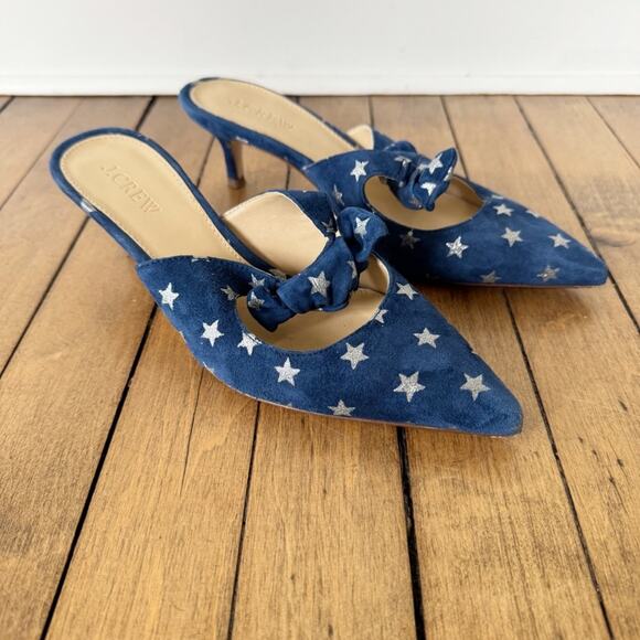 J. Crew Sophia Blue and Silver Starry Suede Kitten Heels Mules 7 americana - Picture 3 of 11